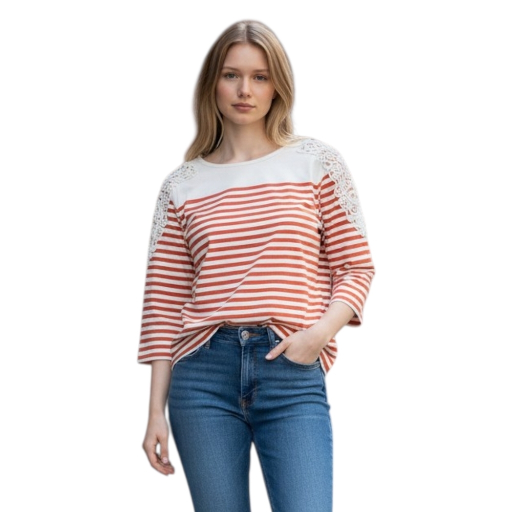 Saint James Mademoiselle Lace Shoulder Breton Stripe Top Coral Cream Size 12